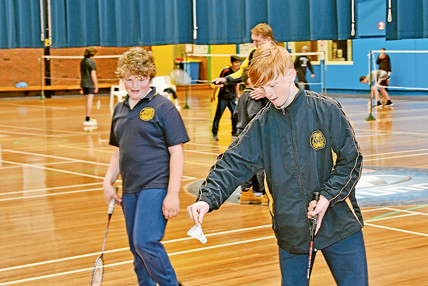 PUTTING NEW FOUND SKILLS TO THE TEST… From left, Congupna Primary School students, Mason Uniacke, grade 4 and Shakhean Stewart, grade 6 enjoying a game of badminton at the inaugural Shepparton and Districts Primary Schools Badminton Doubles Championships. Photo: Sharelle Jarvis.