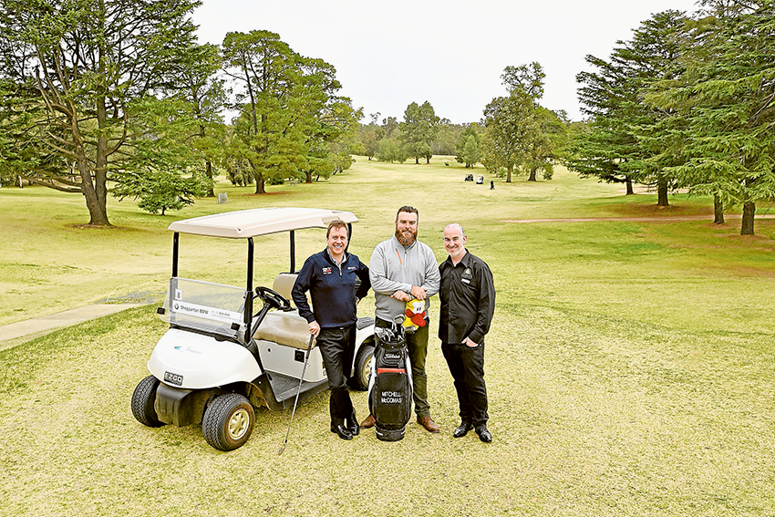 DROP IN FOR A MEAL AND GAME OF GOLF… From left, Shepparton Golf Club general manager, Gary Dixon, new head professional, Mitch McComas and new bar manager, function coordinator and chef, Tim Guppy. Photo: Sharelle Jarvis.