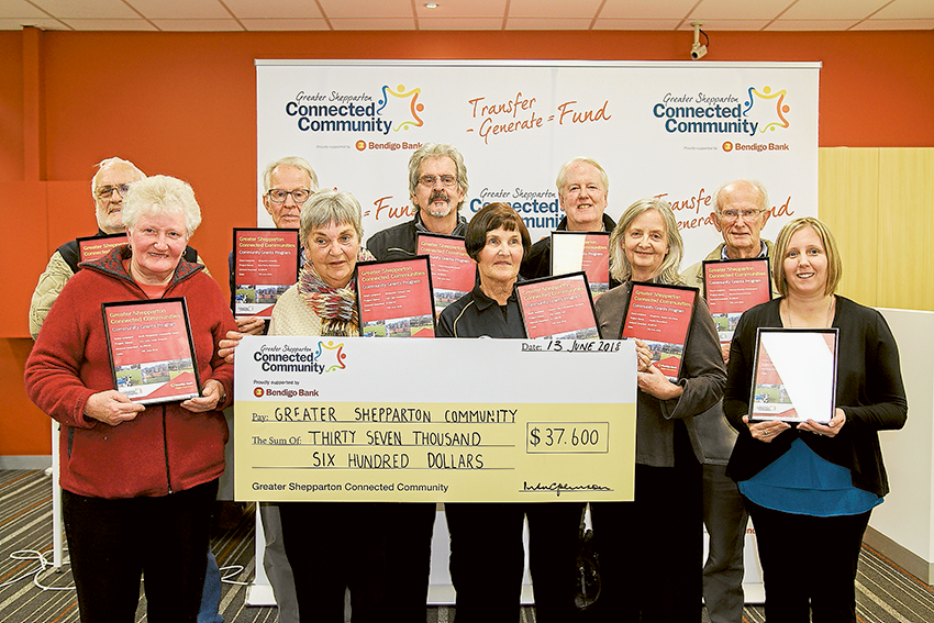 Greater Shepparton Connected Community… From left, recipients of Shepparton Connected Community grants, representatives from Katandra West & District Men’s Shed, South Shepparton Community Centre, Shepparton Sustainability, Shepparton Croquet Club, Tatura Community House, Kiwanis Club of Shepparton Sunrisers, Shepparton Foodshare, Shepparton Theatre Arts Group, Historical Society of Mooroopna and Grahamvale Primary Parents & Friends. Photo: Supplied.