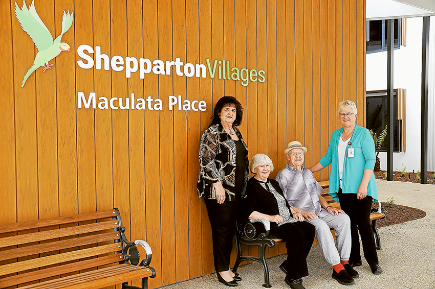 SNEAK PEEK AT MACULATA PLACE… From left, Shepparton Villages board president, Merushe Asim, residents, Dawn Gordon and Harry Gibson and Maculata Place care manager, Alanna Jalkanen. Photo: Supplied.
