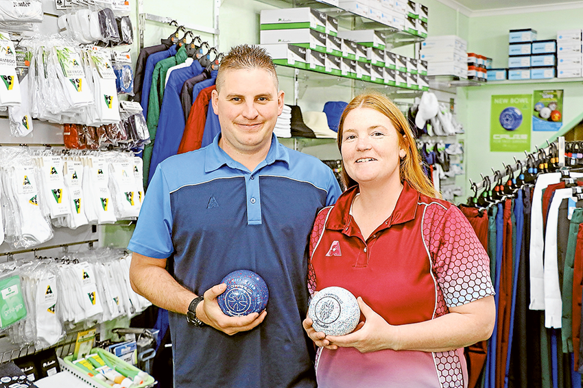 PROUD NEW OWNERS… From left, Shepparton Bowls Shop owners, Lee and Chantel Wakenshaw are ready for the busy season. Photo: Katelyn Morse. 