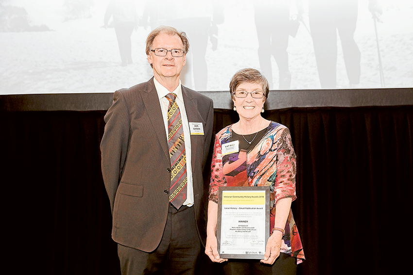 RECOGNITION FOR HISTORY BOOK… Murchison and District Historical Society president, Kay Ball and Royal History Society president, Don Garden at the Victorian Community History Awards recently where Kay’s book, Art Captured, won the Local History – Small Publication Award. Photo: Supplied.