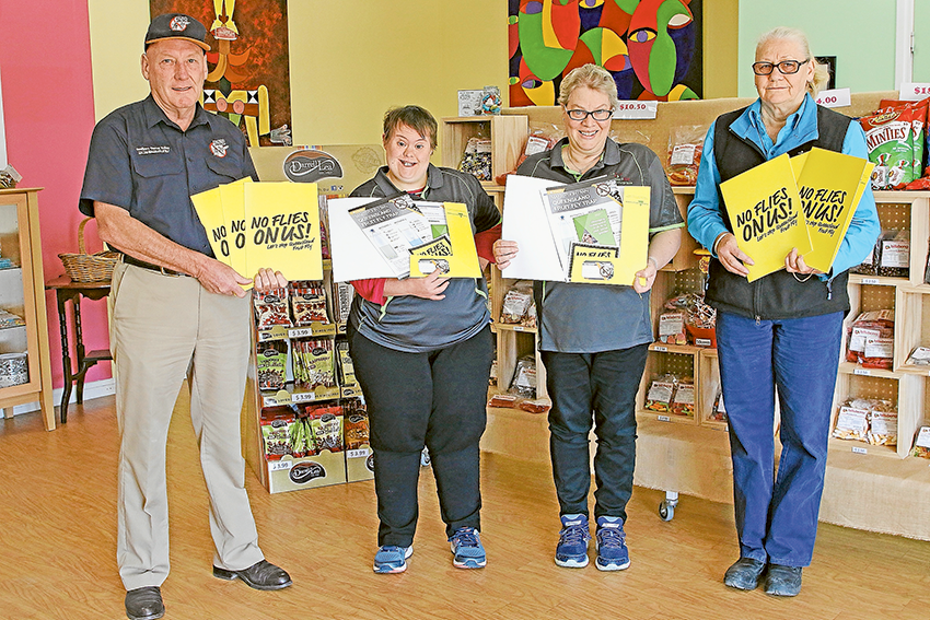 FIGHTING FRUIT FLY… From left, Goulburn Murray Valley Regional Fruit Fly coordinator, Ross Abberfield, Connect GV supported employees, Melinda Bohun and Karen Quinn and social enterprise coordinator, Irene Timm. Photo: David Lee.