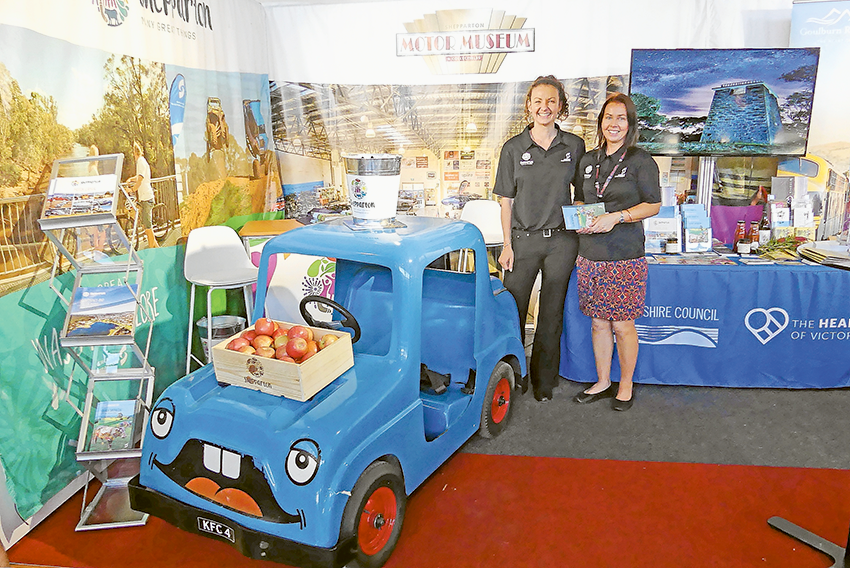 SHOWCASING THE REGION… From left, Greater Shepparton Visitor Centre visitor service officers, Ruth Boyd and Sharon Murray represented Greater Shepparton City Council at the Melbourne Motorclassica event recently. Photo: Supplied. 
