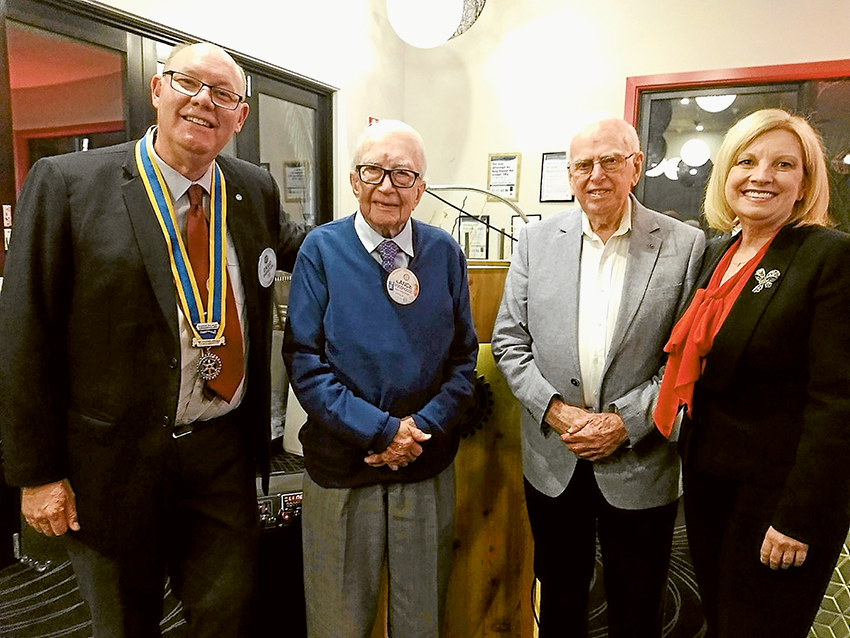 LONG TIME SERVICE RECOGNISED… From left, Rotary president, David Shipton, Lance Woodhouse, Keppel Turnour and honourary Rotarian, Wendy Lovell at a recent meeting where Keppel was honoured for his 60 years of service to Rotary. Photo: Supplied.