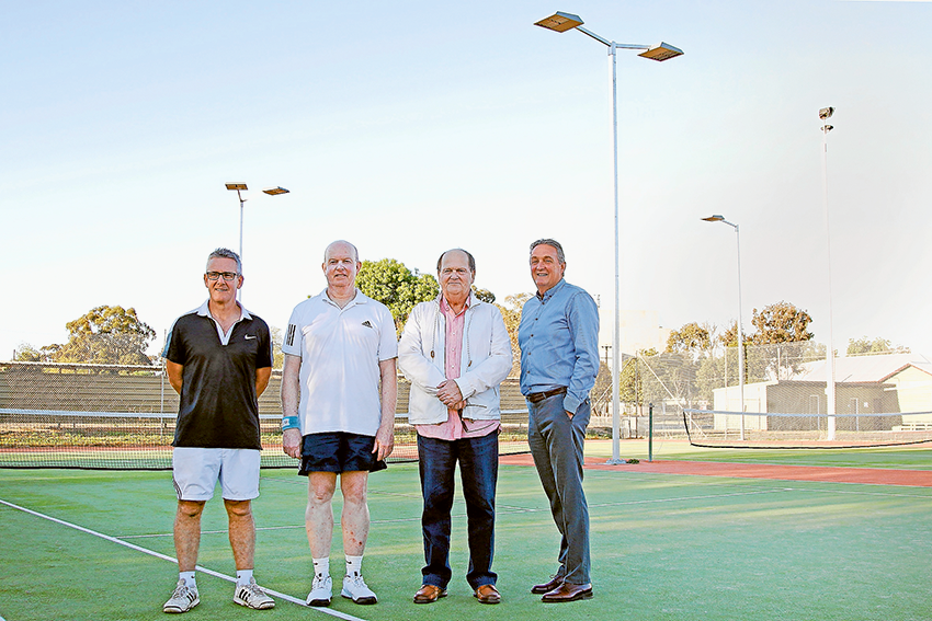 PROJECT COMPLETE… From left, Tatura Lawn Tennis Club past president, Damian Smith, Lights for Kids project manager, Alan Morse, past president, Richard Twite and current president, Royden James. Photo: Katelyn Morse. 