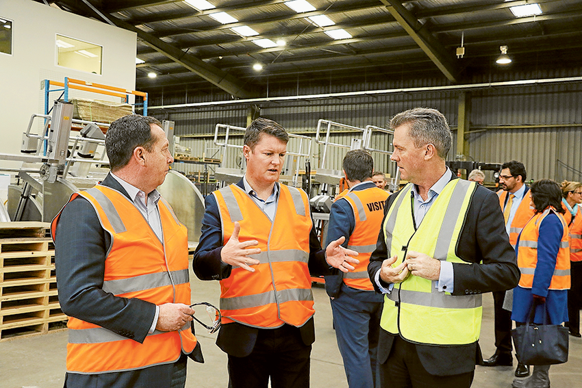 JOBS AND BUSINESS BOOST… From left, Member for Northern Victoria Region, Mark Gepp, Minister for Industry and Employment, Ben Carroll and Rubicon Water CEO, Bruce Rodgerson at Rubicon Water Shepparton, where it was announced last week that more than 270 local manufacturing businesses are set to benefit from a share in $5M to help them to grow, innovate and increase employment opportunities. Photo: Alicia Niglia.