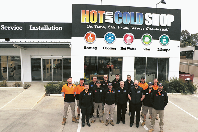 KEEPING THE GV WARM IN WINTER AND COOL IN SUMMER… From left (back), refrigeration mechanic, Clinton Spence, apprentice plumber, Josh Stanbrook, salesman, Steve Seamer, jobs coordinator, Justan English, salesman, Brenton Campbell, director, Paul Marshall, electrician, Sam O’Brien and refrigeration mechanic, Damien Black. (Front), director, Phill Lahm, plumber/service technician, Danny Bloodworth, refrigeration mechanic, Daryl Matthews, service coordinator, Mark Bolton, sales/administrator, Brad Boyle, plumber, Colin Rhodes and apprentice electrician, Josh Smith. Photo: David Lee.