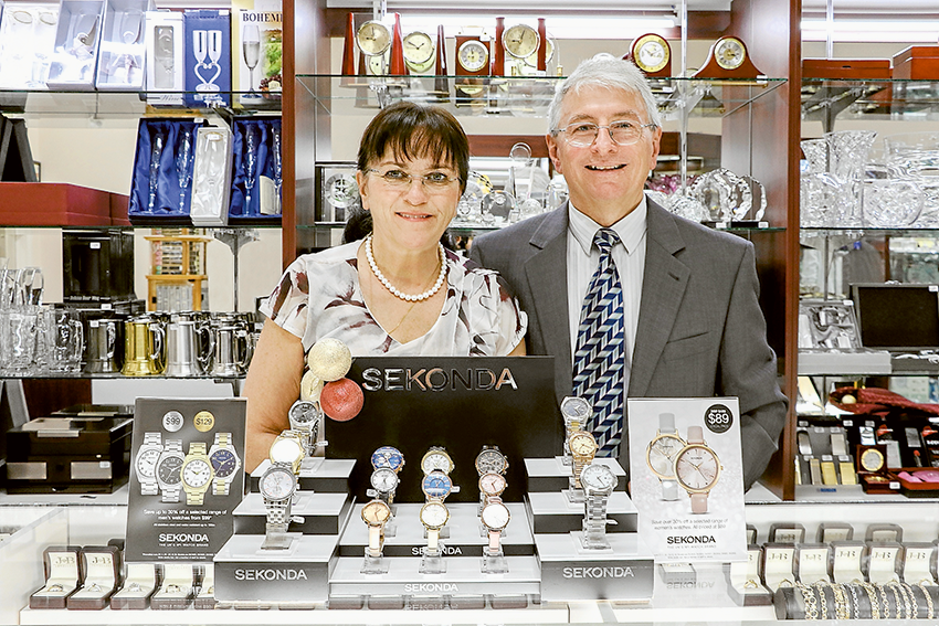 SPECTACULAR SERVICE… JB Jewellers business owners, Bozena and Jack proudly displaying some of their Sekonda range of watches. Photo: Katelyn Morse.