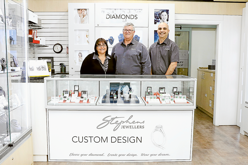 SHINE BRIGHT LIKE A DIAMOND… From left, Stephens Jewellers Fryers Street retail sales manager, Nancy May, owner, Stephen Schneider and operations manager, Frank Sagoleo. Photo: Katelyn Morse.