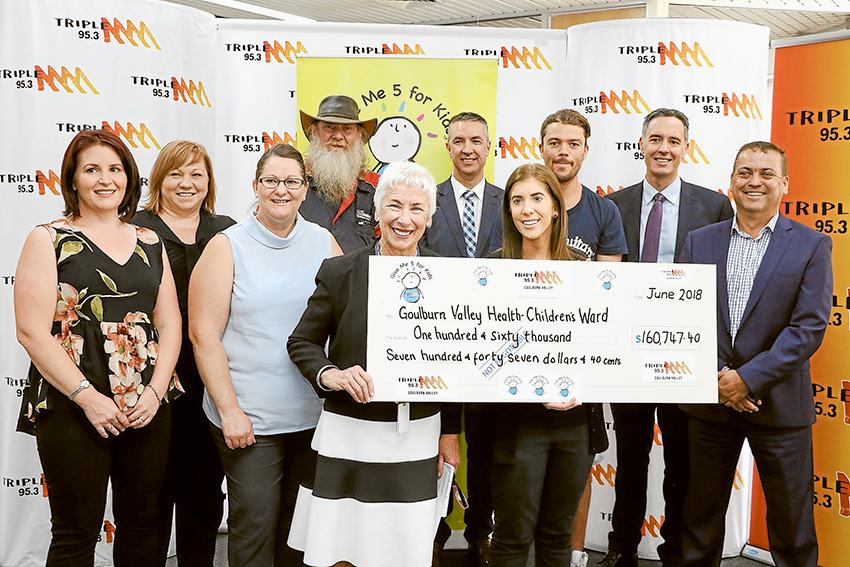 ALL FOR OUR LOCAL CHILDREN… From left, Triple M traffic manager, Chelsea Coady, senior sales executive, Robyn Schischka, sales coordinator, Jacky Woodhouse, Natrad owner, Paul Archer, GV Health Foundation director, Carmel Johnson, Triple M general manager, Steve Hetherton, promotions manager, Maddison Don, announcer, Bill ‘Billy’ Bradley, GV Health CEO, Matt Sharp and Triple M general sales manager, Andrew Metcalf at the cheque handover for the Give Me 5 For Kids campaign on Tuesday. Photo: Katelyn Morse.