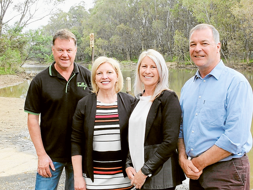MULTI-MILLION DOLLAR FISH BOOST… From left, Trelly’s Tackle World owner, Steven Threlfall, Member for Northern Victoria, Wendy Lovell, Liberal Candidate for Shepparton, Cheryl Hammer and The Nationals Candidate for Shepparton, Peter Schwarz. Photo: Supplied.