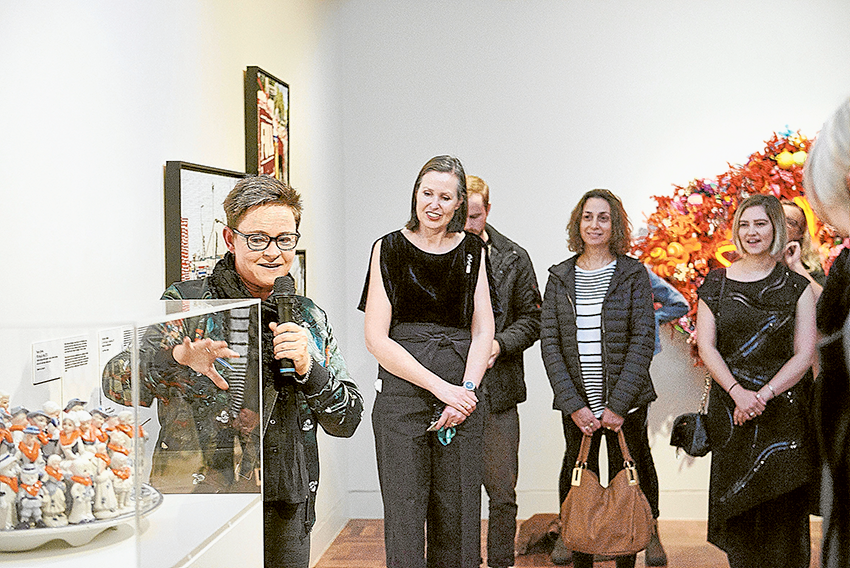 CRAFTY WITH POLITICAL INTENT… Artist, Penny Byrne discusses her work at the opening of Craftivism. Dissident Objects and Subversive Forms. Photo: Supplied.
