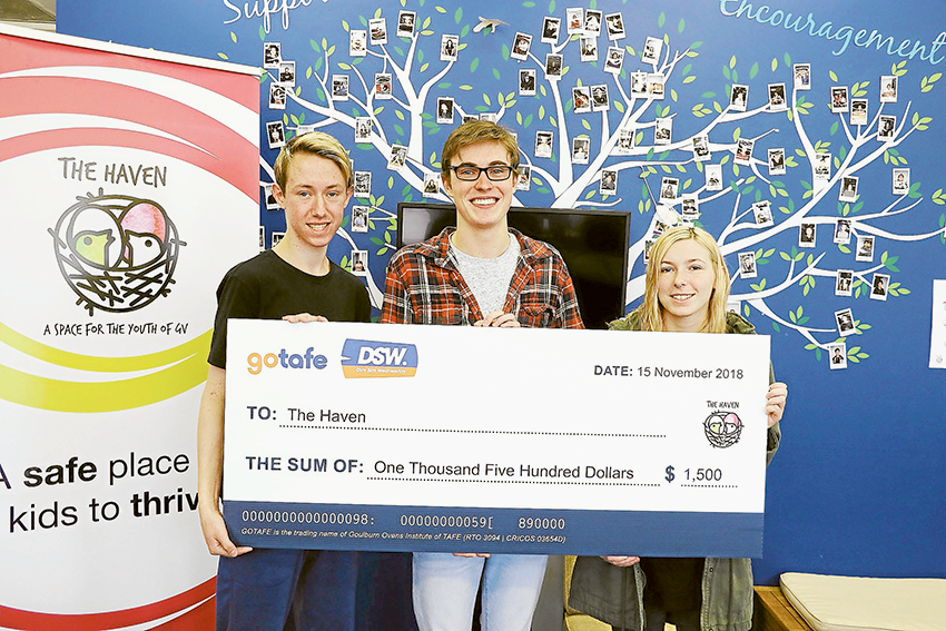 A DELICIOUS DONATION… From left, four local GOTAFE VCAL students, Jordan Baxter, Bryce O’Dwyer, Tiahne Ward and (absent), Katie Green have helped to raise $1,500 through Dim Sim Wednesdays, which they donated to The Haven. Photo: Katelyn Morse.