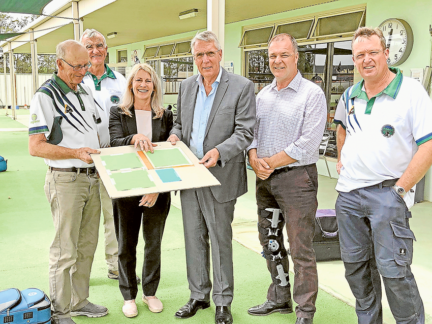ELECTION PLEDGE… From left, East Shepparton Bowls Club vice president, Dennis Galt, board member, Kevin Cox, Liberal Candidate for Shepparton, Cheryl Hammer, Nationals Leader, Peter Walsh, Nationals Candidate for Shepparton, Peter Schwarz and East Shepparton Bowls Club president, Chris Johnson at the recent announcement that if elected this month the Liberal Nationals Government would provide $600,000 towards a new covered bowling green at the club. Photo: Supplied.
