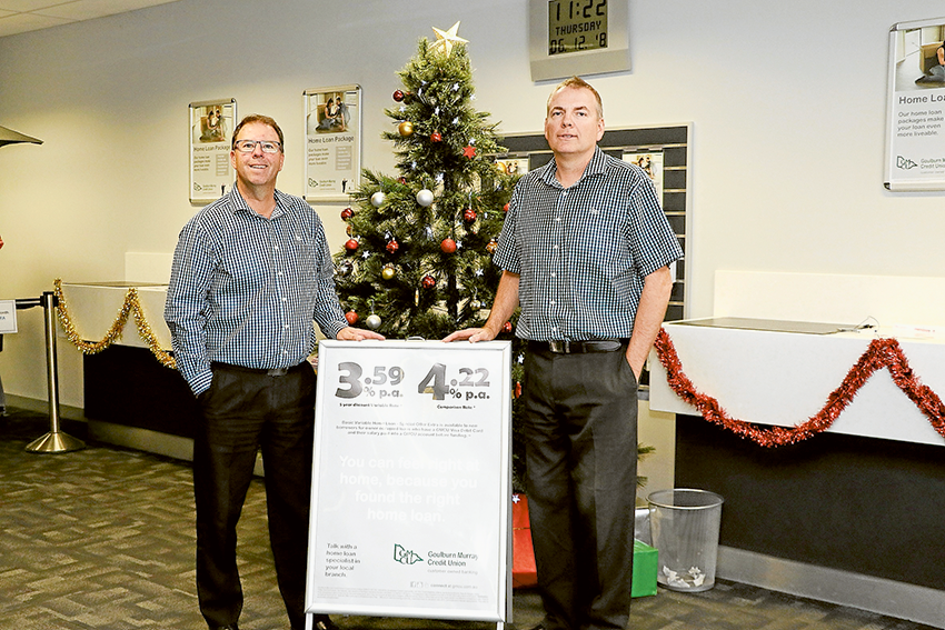 HERE TO HELP… From left, GMCU Shepparton loans manager, Rob Chaston and branch manager, Dallas Moore are encouraging everyone to plan ahead for the new year. Photo: Katelyn Morse.