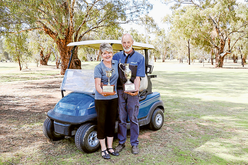 THAT WINNING FEELING… Diane and Max Newman have both taken out their grades at the Mooroopna Golf Club Championships, which is the first time in the club’s history a husband and wife have won at the same championships. Photo: Katelyn Morse.