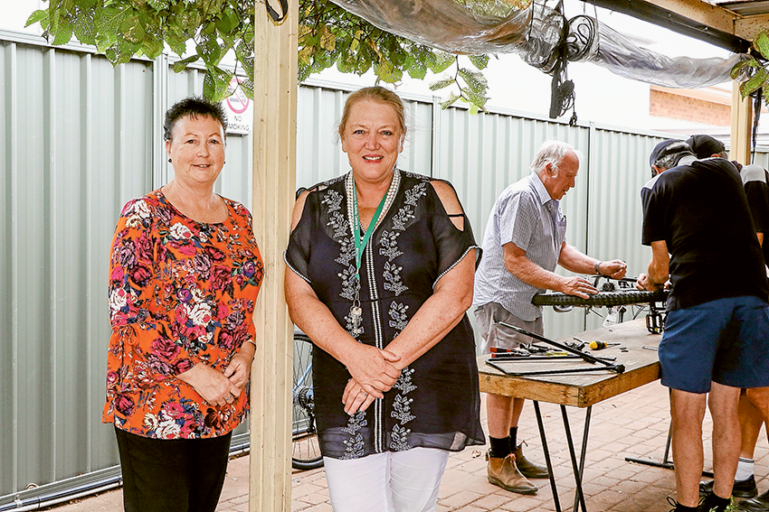 GET INVOLVED… MEAC administration officer, Linda Davidson and MEAC manager Jan Phillips with Mooroopna men’s shed members, Ted McIntyre, Ted Davis and Chris Carter. Photo: Katelyn Morse.