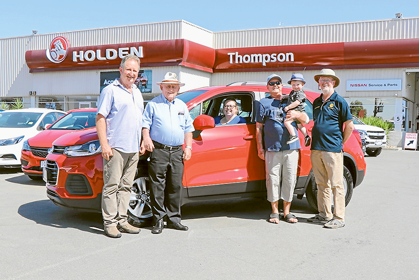 CAR RAFFLE WINNER ANNOUNCED… From left, Mooroopna Rotary Club president, Bill Porter, co-car raffle coordinator, Les Young, winner’s daughter, Shelby, car winner, Glen Finnen, grandson, Hudson and co-car raffle coordinator, Laurie Fagan. Photo: Supplied.