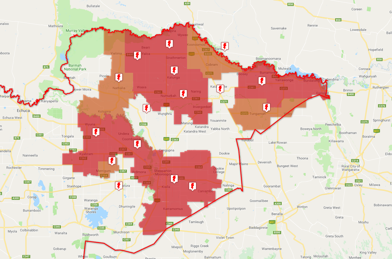 POWER IS OUT… Thousands of homes across Shepparton and the district are without power, due to a number of faults. Image: Supplied.