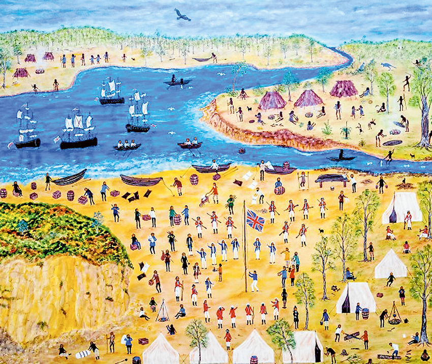 AN ARTISTIC HISTORICAL MOMENT… Marlene Gilson, Community/Language Group: Wathaurung/Wadawurrung, Cook’s Landing, 2018, acrylic on linen, Shepparton Art Museum Collection, purchased, 2018. Image: Supplied.