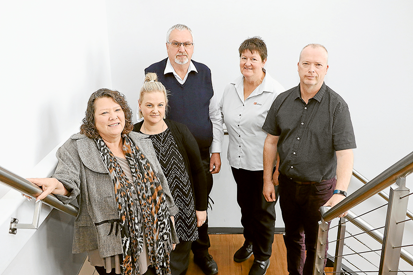 AGED CARE FINANCIAL EXPERTS… From left, RI Advice proprietor and senior adviser, Sandy Miller, adviser, Chenara Newbegin, administrative assistant, Joe Bourke, administration manager, Linda Bourke and senior paraplanner, Nick Barzen. Photo: Katelyn Morse.