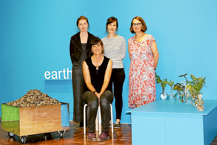 HANDS-ON ART… From left, SAM education officer, Felicia Pinchen-Hogg, artist and landscape designer, Heather Hesterman, SAM curator, Lara Merrington and La Trobe University Shepparton head of campus, Elizabeth Capp are keenly preparing for the opening of GreenLab this weekend. Photo: Ash Beks. 