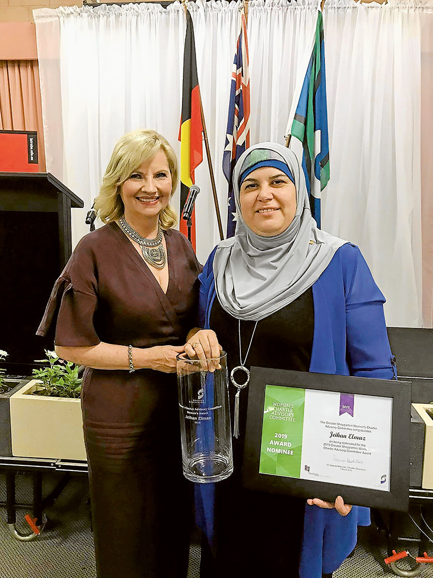 ACHIEVEMENT AWARDED… From left, Greater Shepparton City Council Mayor, Cr Kim O’Keeffe with the 2019 Greater Shepparton Women’s Charter Advisory Committee Award winner, Jeihan Elmaz. Photo: Supplied.