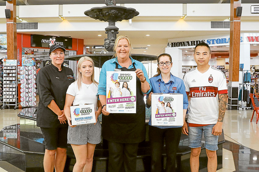 GET YOUR ENTRIES IN AT RIVERSIDE PLAZA… From left, The Main Course Butchery retail assistant, Megan Hosking, Kiddie Culture manager, Emily Sawyer, Howards Storage World retail manager, Cheryl Powles, Chemist Warehouse retail manager, Bianka Rosegas and Cignall Specialist Tobacconists manager, Hung Hoang. Photo: Katelyn Morse.  