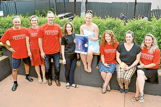 EXCITED FOR ENTERTAINMENT… From left, Shepparton Festival board member, Bruce Hunt-Hughes, Shepparton Festival chair, Fiona Smolenaars, Shepparton Festival board member, Leigh Findlay, Awaken Dance Company creative director, Kyla McGregor, Awaken Dance Company assistant choreographer, Abbigail Makin, Shepparton Festival general manager, Louise Tremper, local artist and creator at The G.R.A.I.N., Kristen Retallick and Shepparton Festival creative director, Jamie Lea. Photo: Ash Beks. 