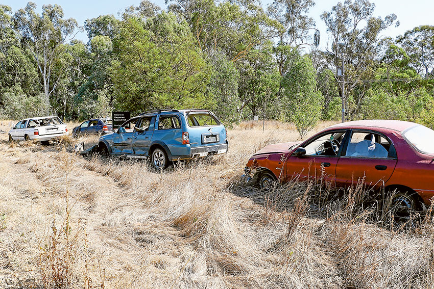 UNSIGHTLY DUMPING… Four cars are sitting at the Raftery Road entrance to Shepparton Regional Park, which are part of 53 currently dumped at the park. Photo: Katelyn Morse.