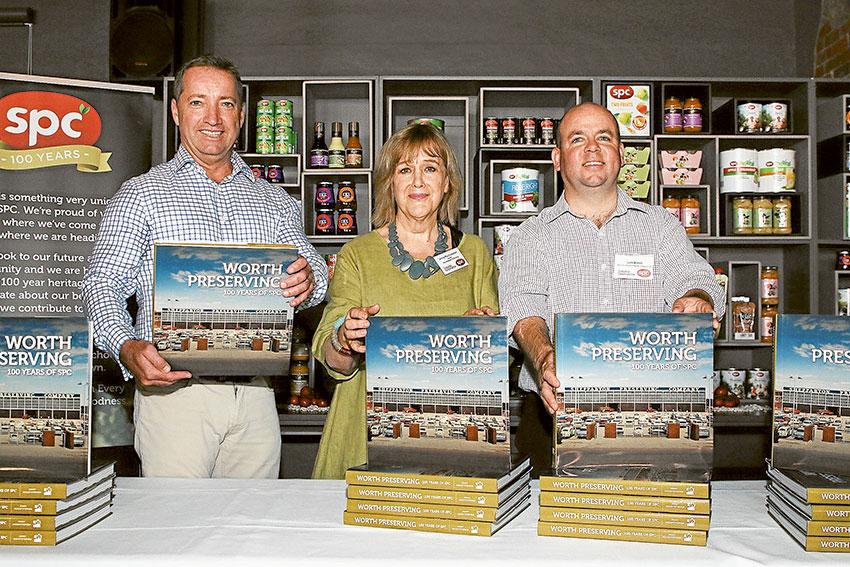 WORTH A READ… From left, SPC managing director, Reg Weine, author from Mountstephen Publishing, Jenny Mountstephen and Committee for Greater Shepparton CEO, Sam Birrell at the official book launch of ‘Worth Preserving 100 Years of SPC.’ Photo: David Lee.
