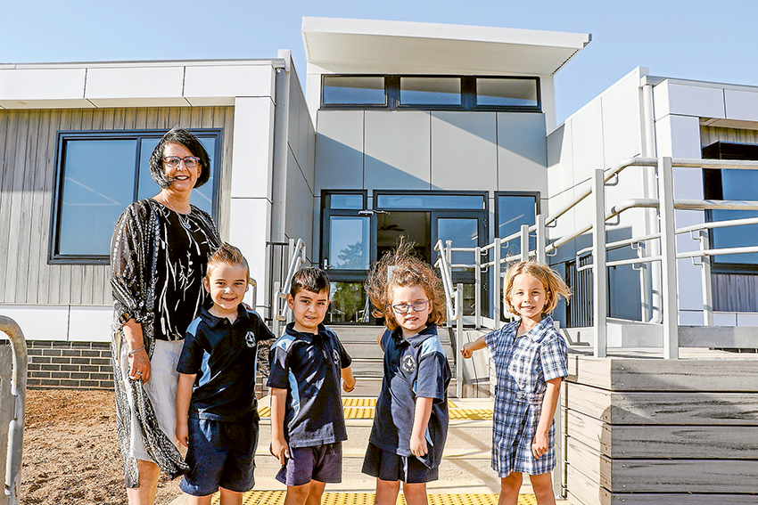 THAT NEW SCHOOL FEELING… From left, Tatura Primary School principal, Susanne Gill with foundation students, Harrison Bishop, Emir Kavas, Lilly Wood and Penny Wootton, who are very excited about their new building. Photo: Katelyn Morse. 