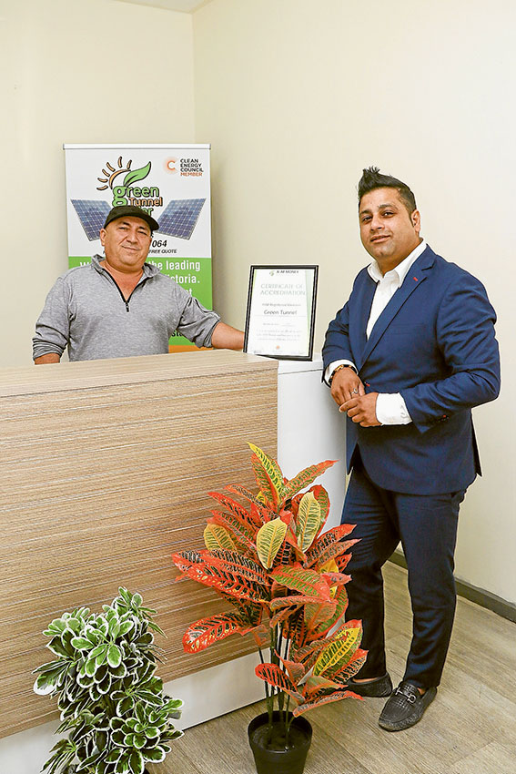 GO GREEN, SUPPORT LOCALS AND SAVE BIG… From left, Green Tunnel Solar regional manager, Husky Sakir and director, Ash Verma are here to help find a bespoke solar solution for you. Photo: Katelyn Morse. 