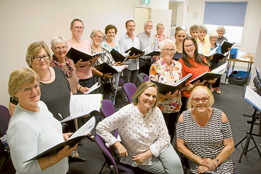 AMERICANA CHOIR PERFORMANCE… From left (back), choir members, Pauline Thomas, Jane Bail, Heather Frostick, Kerry-Ann Rappell, Philippa Schapper, Susan Narelle Ryan, Cameron Lancaster, Bruce Lees and Theresa Williams. (Front), choir members, Margaret Cobbledick, Kay Lawton, Michaela Holbech, Andrea Fahey, Liz Hurford, Elwyn Rendell and Glenys Watson. (Seated), choir director, Linden Lancaster and accompanist, Marie Martin. (Absent), Peter Farrell, Glennys Walker and Austin Lancaster. Photo: Supplied. 