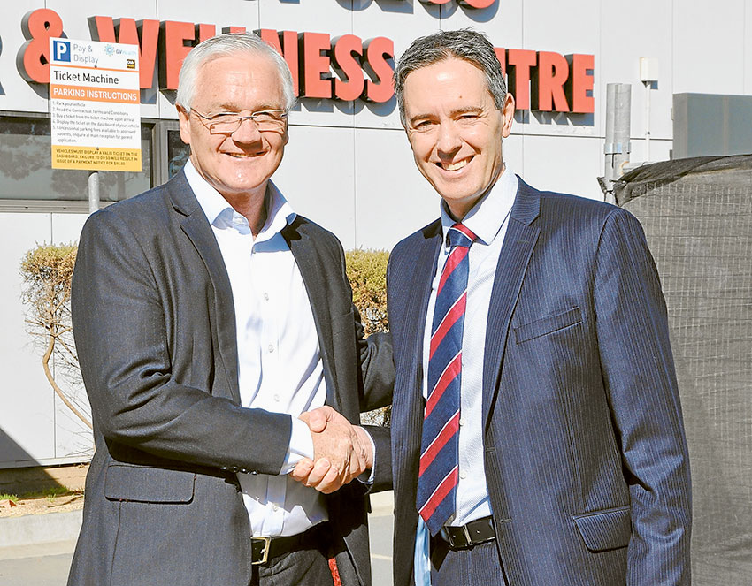 A HEALTHY ANNOUNCEMENT… From left, Federal Member for Murray, Damian Drum with GV Health chief executive, Matt Sharp at the announcement last week that the Australian Government would be providing $26M in funding toward an Integrated Cancer Centre at GV Health’s Graham Street campus. Photo: Supplied.