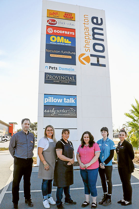 FAMILIAR FACES… From left, Godfrey’s store manager, Joe Lefevre, Provincial Home Living team member, Emily McEachern, Fantastic Furniture team member, Dyleana Duckmanton, Pets Domain sales assistant, Leah Panettieri and Focus on Furniture sales assistant, Cara Wayland. Photo: Katelyn Morse. 