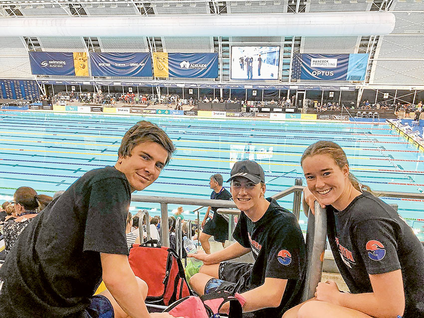 A GREAT RESULT… Shepparton Swim Club swimmers, William Leahy, Harry Shortis and Darcie Guthrie, who alongside club swimmer, Sascha Jones competed at the recent Australian Age Nationals in Adelaide. Photo: Supplied.