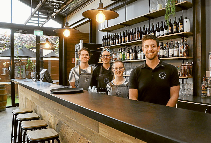 ENTICING AND DELICIOUS… From left, Bill & Beat’s front of house staff, Luke McLeod, kitchen staff, Taryn Collins, front of house staff, Alice Shellie and owner, Chris Buzza are excited to be offering a new menu for patrons this Mother’s Day. Photo: Katelyn Morse. 