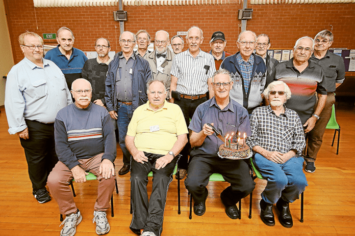 ED---Codgers-Capers-birthday HAPPY BIRTHDAY CODGER’S CAPERS… From left (back), Codger’s Capers Men’s Group members, Neil Watt, Len Floyd, assistant coordinator, David Parry, Owen Champness, garden coordinator, Graeme Close, Andrew Doherty, Roy Hunt, group representative, Graham Stone, assistant activities coordinator, Graham Blight, Len Clarke, treasurer, David Baker, Bruce Stanyer and Doug Dodson. (Front), coordinator, Peter Koster, president, Ronald Trenfield, acting secretary, Robert Hough and Maurice Chard. Photo: Katelyn Morse.