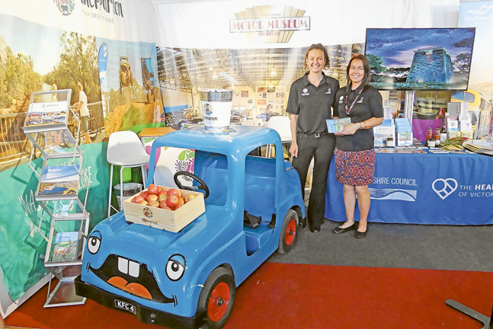 SHOWCASING THE REGION… From left, Greater Shepparton Visitor Centre visitor service officers, Ruth Boyd and Sharon Murray represented Greater Shepparton City Council at the Melbourne Motorclassica event recently. Photo: Supplied.