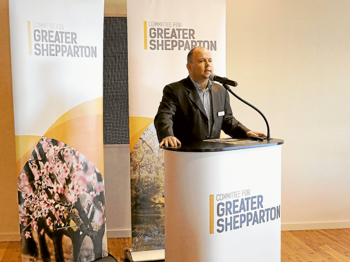 ED---G4GS-turns-5 FIVE YEARS HELPING BUILD THE COMMUNITY… Committee for Greater Shepparton CEO, Sam Birrell addressing attendees at the committee’s fifth birthday celebrations on Wednesday last week. Photo: Supplied.