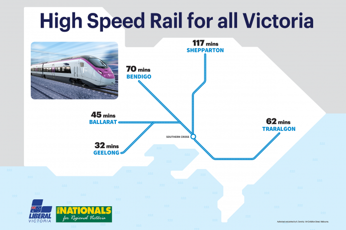 FASTER RAIL… An image depicting the amended travel times for rail with the High Speed Rail network put forward by the Liberal Nationals Government that they would implement if elected in November. Image: Supplied.