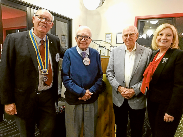 LONG TIME SERVICE RECOGNISED… From left, Rotary president, David Shipton, Lance Woodhouse, Keppel Turnour and honourary Rotarian, Wendy Lovell at a recent meeting where Keppel was honoured for his 60 years of service to Rotary. Photo: Supplied.
