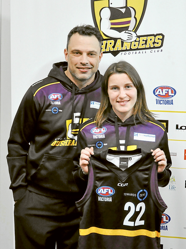 SPORT---Tamara-Best-and-Fairest A WINNING SEASON… Murray Bushrangers Football Club coach, Sam Ahmet with midfielder, Tamara Smith who was named as the club’s Girls Best and Fairest in season 2018. Photo: Supplied.