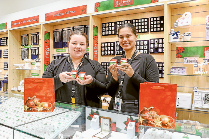 SPARKLING SERVICE WITH A SMILE… From left, Prouds Jewellers Shepparton sales assistant, Stephanie Taylor and store manager, Olivia Marshall are surrounded by Christmas ideas. Photo: Katelyn Morse.