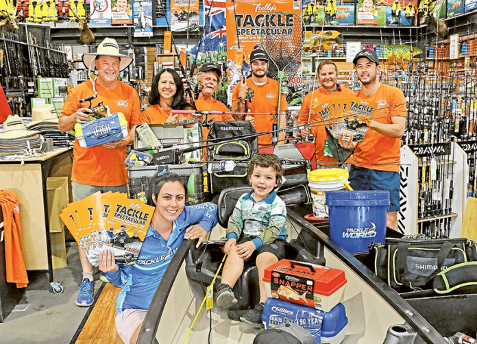 ADV---Trellys-Fishing-and-Hunting-World HOOKS, LINES, SINKERS AND MORE… From left (back), Trelly’s Fishing and Hunting World Shepparton owners, Steven Threlfall, Mary Threlfall, team members, Pip Clement, Nick Hillman, Shane Jones and Ross Threlfall. (Front), team member, Jaclyn Threlfall and Charlie Threlfall, 3-years-old, are proudly showing off their vast range of fishing gear. Photo: Katelyn Morse.