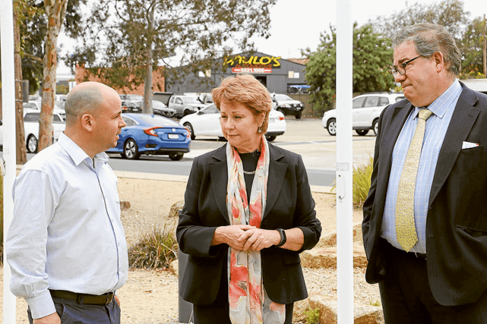 GOVERNMENT FUNDING NEEDED… From left, Committee for Greater Shepparton CEO, Sam Birrell, Independent Candidate for Shepparton, Suzanna Sheed and La Trobe University pro vice-chancellor (regional), Professor Richard Speed discussing the proposed expansion of La Trobe University Shepparton campus on site just south of the current campus. Photo: Supplied.