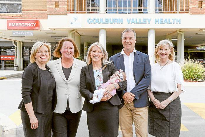 A HEALTHY COMMITMENT… From left, Member for Northern Victoria, Wendy Lovell, Shadow Minister for Health, Mary Wooldridge, Liberal Candidate for Shepparton, Cheryl Hammer holding newborn, Ruby Kirkby, The Nationals Candidate for Shepparton, Peter Schwarz and Greater Shepparton City Council Mayor, Cr Kim O’Keeffe at the announcement on Monday that if elected the Liberal Nationals Government would commit $21M in funding towards a new Residential Mother and Baby Unit at GV Health and complete the hospital’s master plan as well as carry out early works involved in the early stage two redevelopment plan. Photo: Katelyn Morse.
