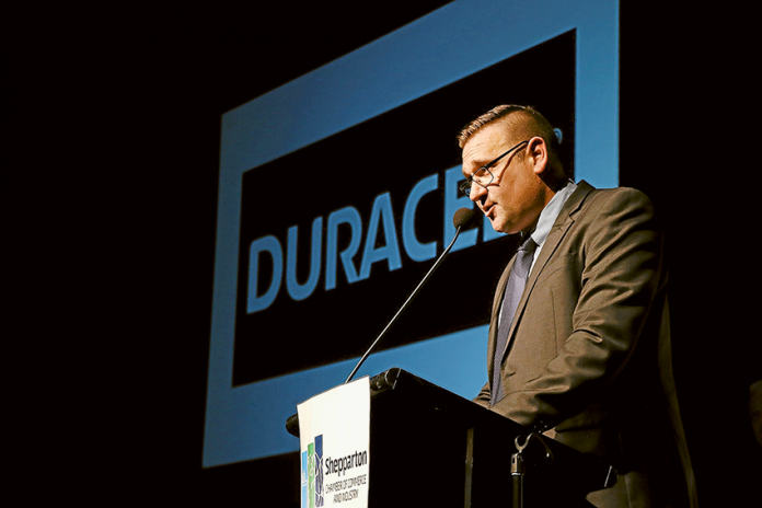 NEW DISTRIBUTORS FOR DURACELL ANNOUNCED AT BUSINESS AWARDS… White King-Pental export and New Zealand sales manager, David Turkovic announcing that Pental has secured a deal with US conglomerate, Berkshire Hathaway to be the new distributor for Duracell. Photo: David Lee.